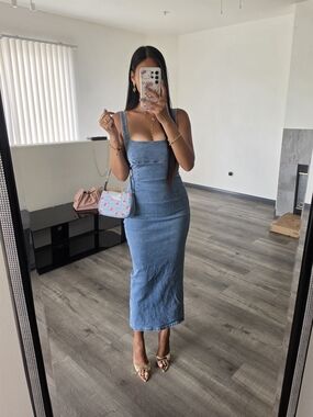 Bershka Blue Denim Square-Neck Midi Dress